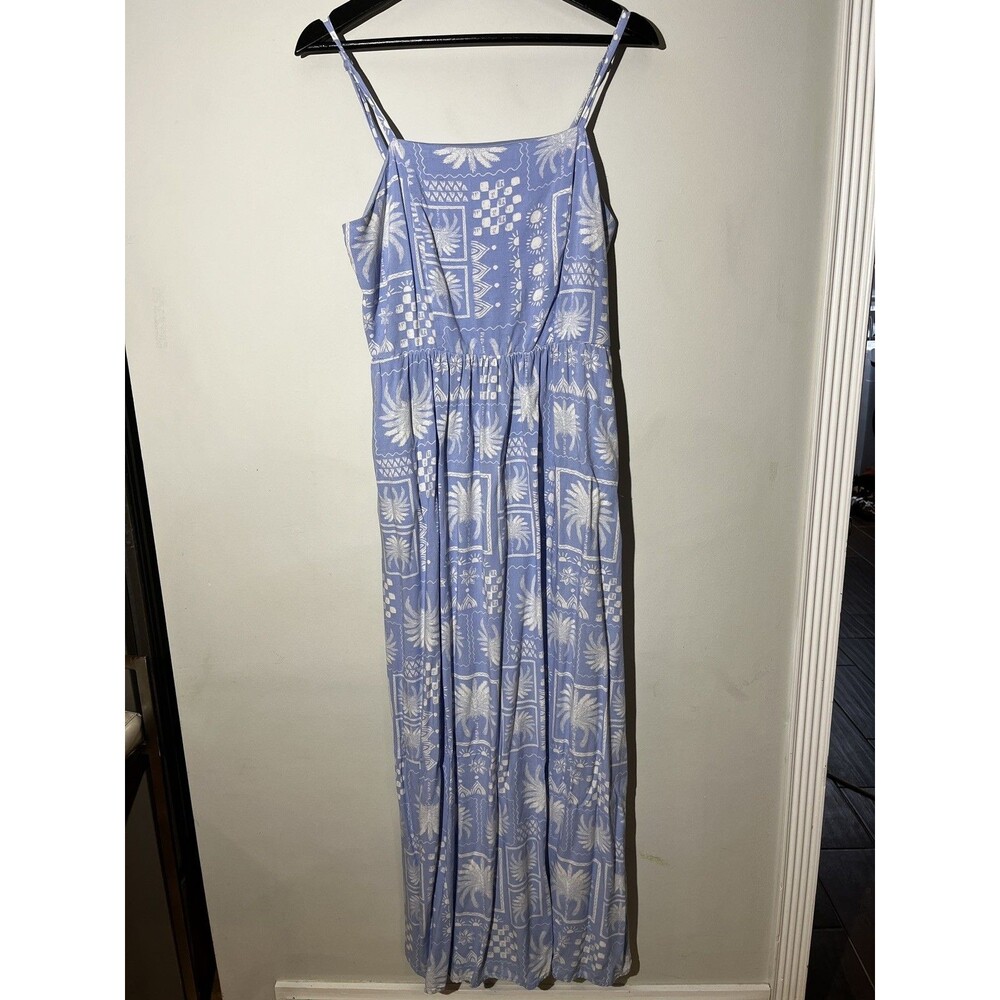 As You Wish Maxi Dress L  Blue Strappy Patchwork Smocked Back Vacation Resort